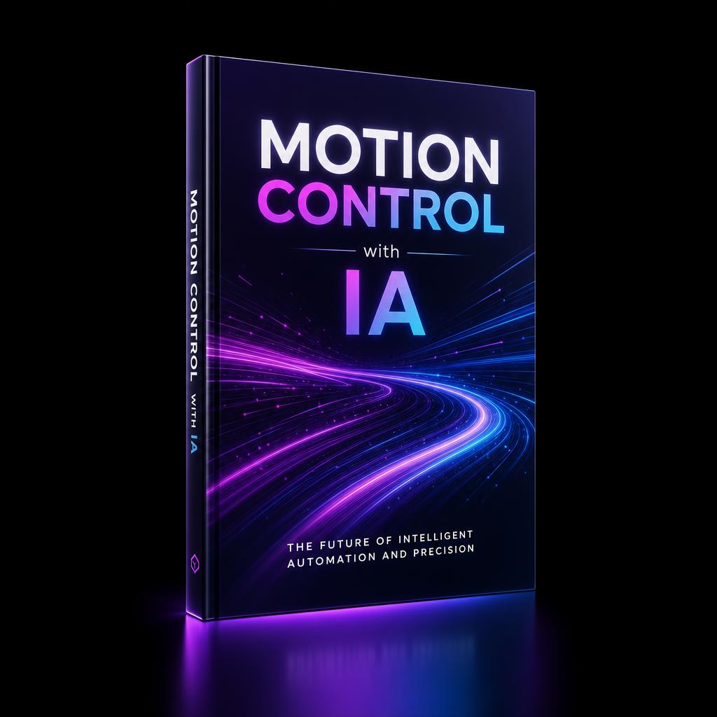 Mockup do e-book digital Motion Control com IA com capa em gradiente roxo e azul
