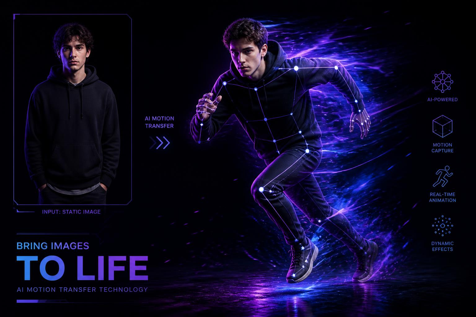 Imagem estática de uma pessoa sendo transformada em personagem animado com rastros de movimento em neon roxo
