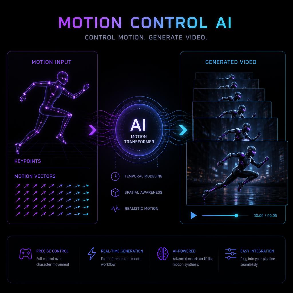 Diagrama do processo de Motion Control com IA: pontos de movimento aplicados a uma imagem gerando quadros de vídeo